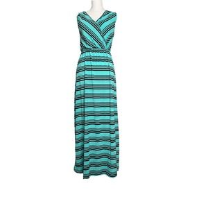 NEW Liberty Love Womens Teal Black Stripe Faux Wrap Long Jersey Maxi Dress Sz L